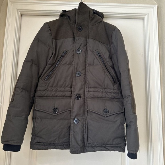 EXPRESS WOOL BLEND DOWN FILLED GREEN PARKA COAT JACKET MENS SZ S POCKET ZIP - Picture 1 of 12